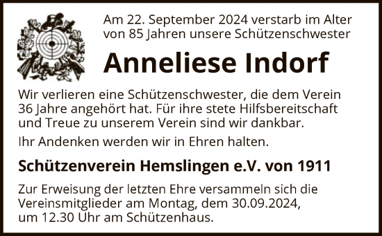 Traueranzeige von Anneliese Indorf von SYK