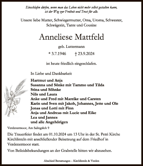 Traueranzeige von Anneliese Mattfeld von SYK