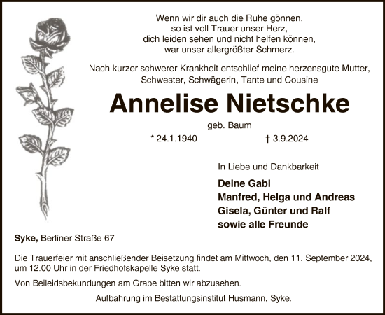 Traueranzeige von Annelise Nietschke von SYK