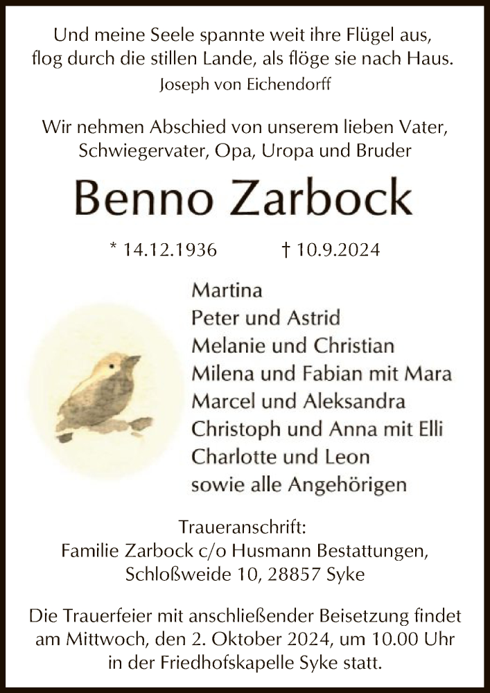  Traueranzeige für Benno Zarbock vom 14.09.2024 aus SYK