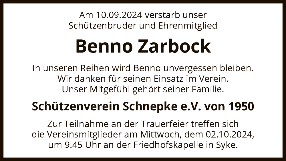  Traueranzeige für Benno Zarbock vom 14.09.2024 aus SYK