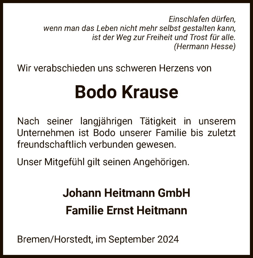  Traueranzeige für Bodo Krause vom 21.09.2024 aus SYK