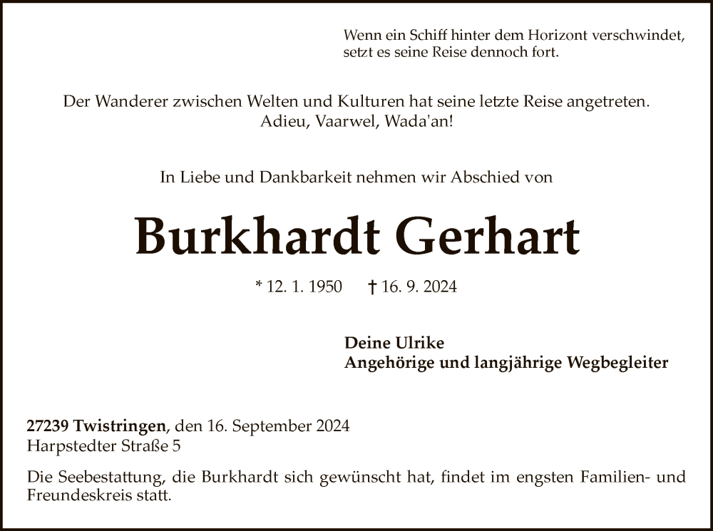  Traueranzeige für Burkhardt Gerhart vom 21.09.2024 aus SYK