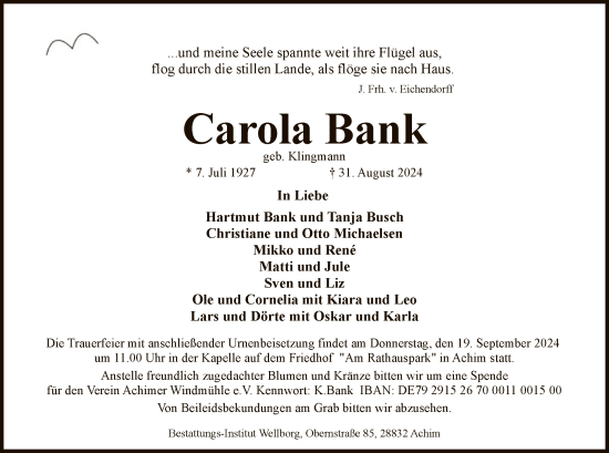 Traueranzeige von Carola Bank von SYK