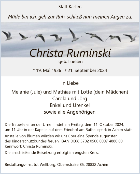 Traueranzeige von Christa Ruminski von SYK