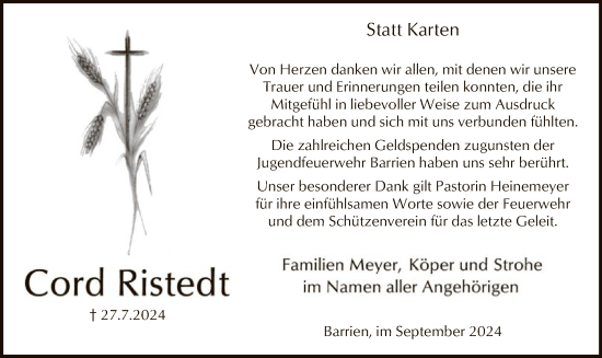 Traueranzeige von Cord Ristedt