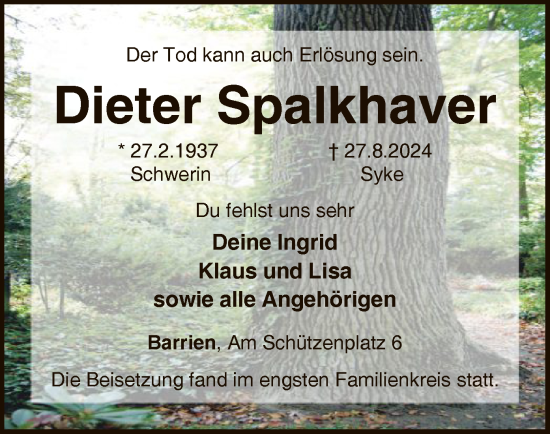 Traueranzeige von Dieter Spalkhaver von SYK