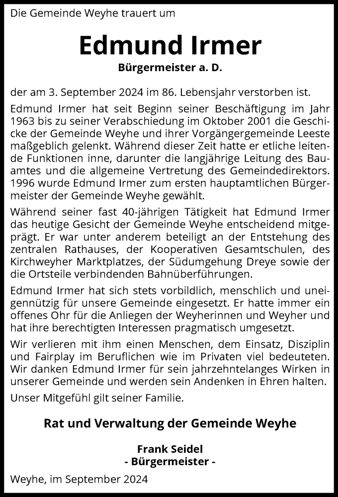  Traueranzeige für Edmund Irmer vom 07.09.2024 aus SYK