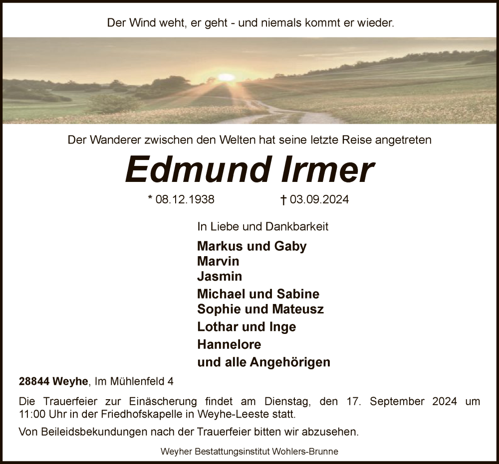  Traueranzeige für Edmund Irmer vom 07.09.2024 aus SYK