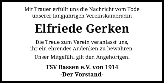 Traueranzeige von Elfriede Gerken von SYK