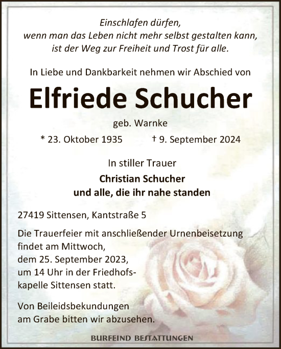 Traueranzeige von Elfriede Schucher von SYK