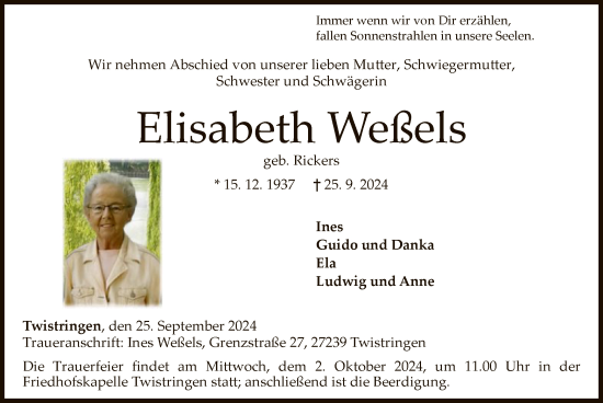 Traueranzeige von Elisabeth Weßels von SYK