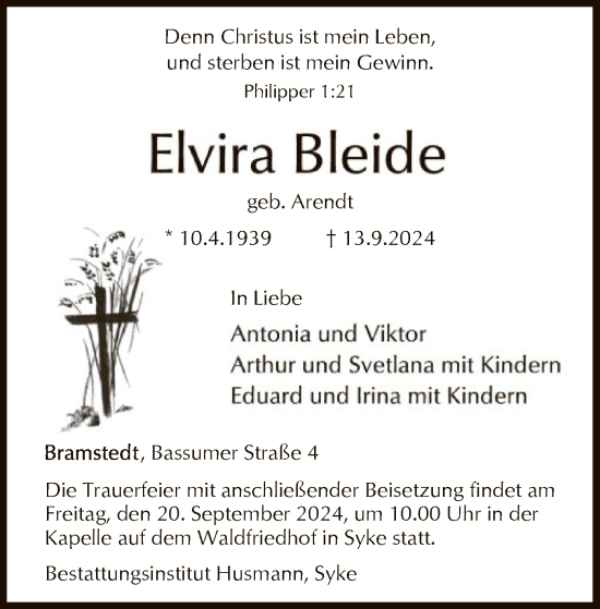 Traueranzeige von Elvira Bleide