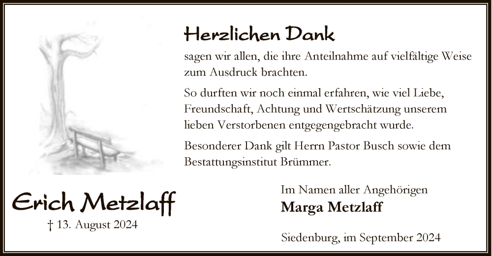  Traueranzeige für Erich Metzlaff vom 21.09.2024 aus SYK