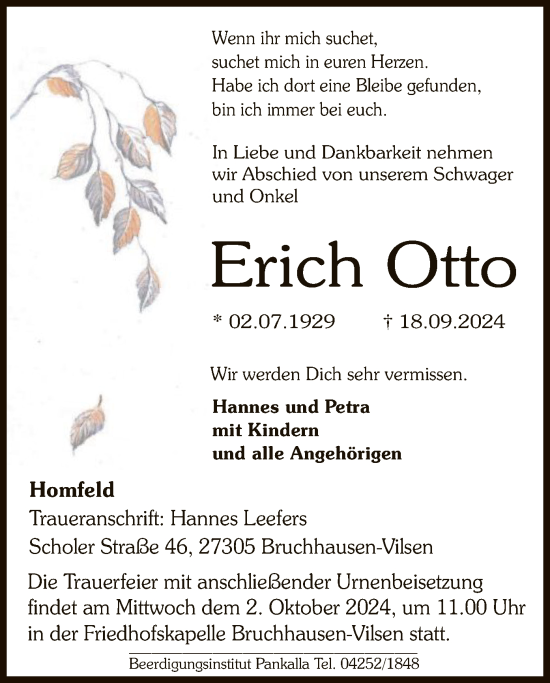 Traueranzeige von Erich Otto von SYK