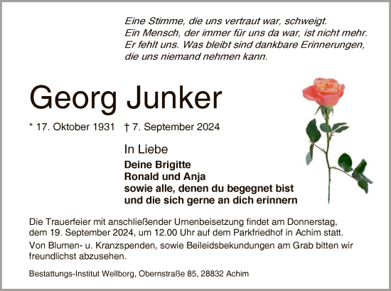 Traueranzeige von Georg Junker von SYK