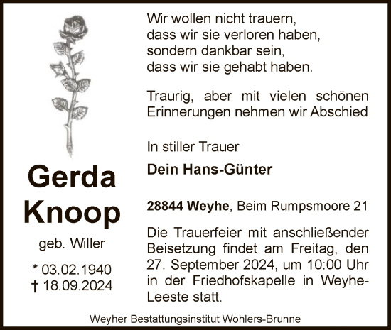 Traueranzeige von Gerda Knoop von SYK