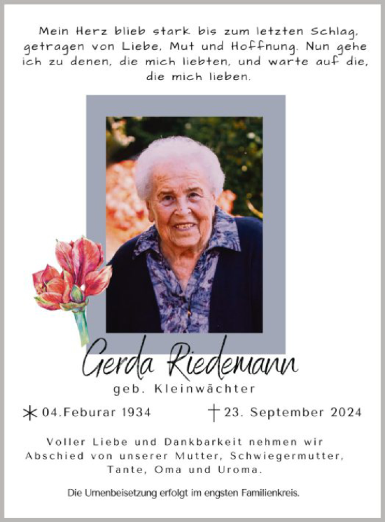 Traueranzeige von Gerda Riedemann von SYK