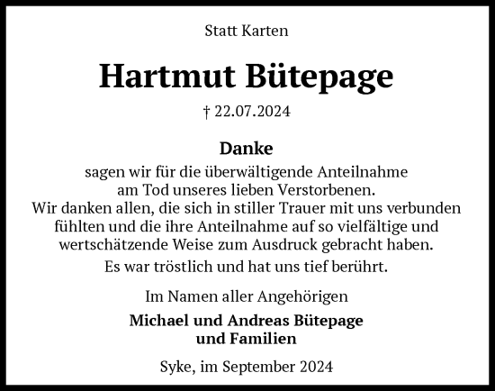 Traueranzeige von Hartmut Bütepage