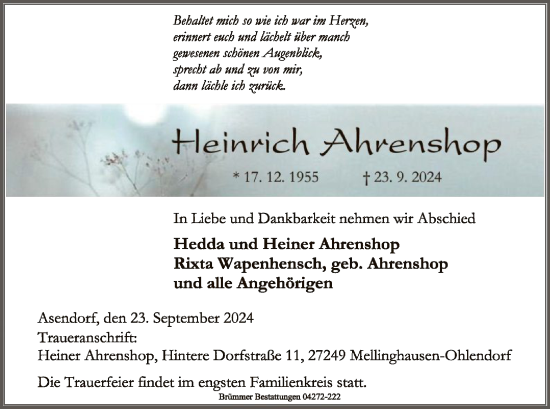 Traueranzeige von Heinrich Akrenskop von SYKSYK