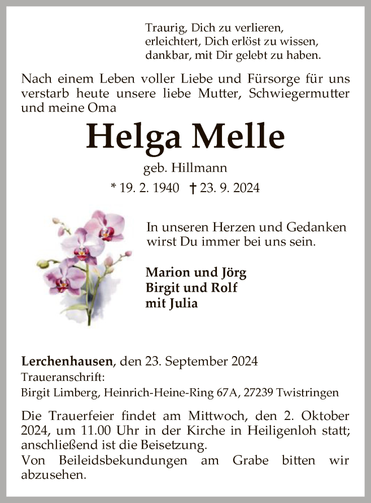  Traueranzeige für Helga Melle vom 27.09.2024 aus SYK