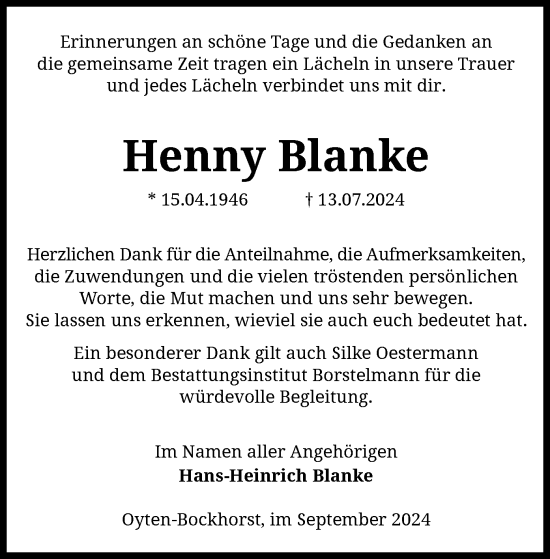 Traueranzeige von Henny Blanke von SYK