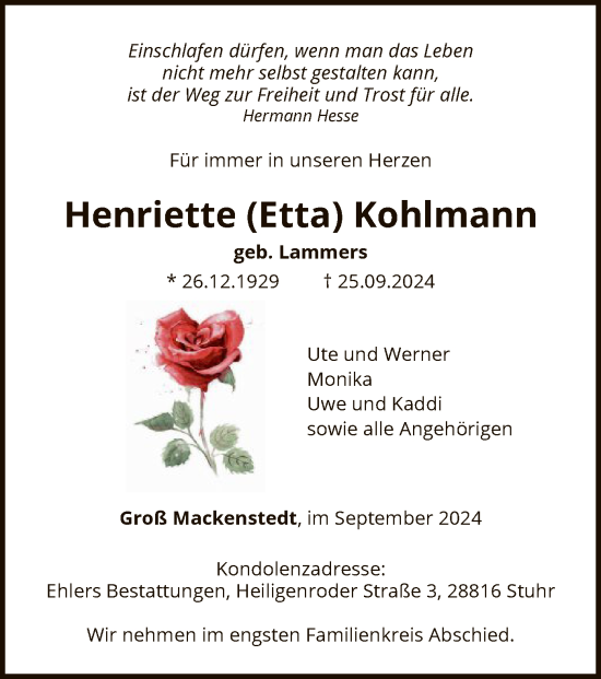 Traueranzeige von Henriette Kohlmann von SYK