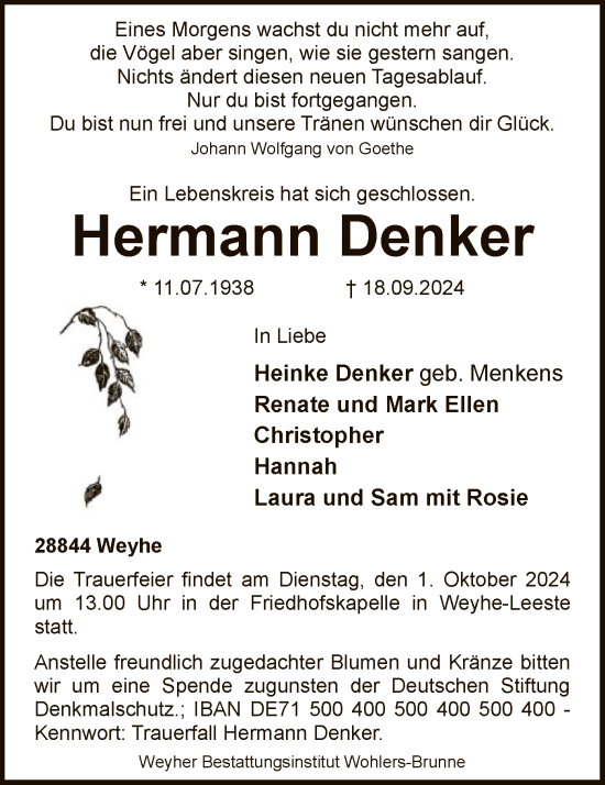 Traueranzeige von Hermann Denker von SYK