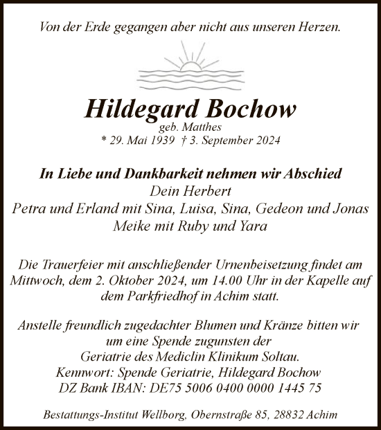 Traueranzeige von Hildegard Bochow von SYK