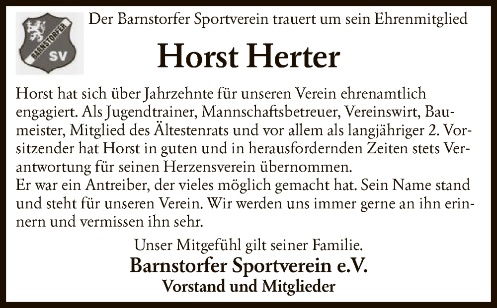  Traueranzeige für Horst Herter vom 17.09.2024 aus SYK