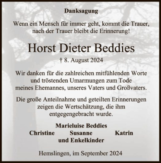 Traueranzeige von Horst Dieter Beddies von SYK