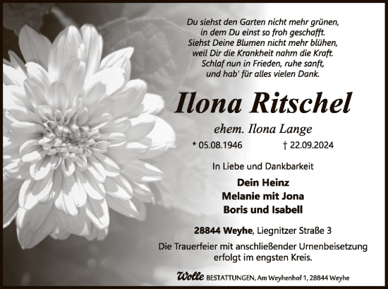 Traueranzeige von Ilona Ritschel von SYK