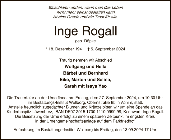 Traueranzeige von Inge Rogall von SYK