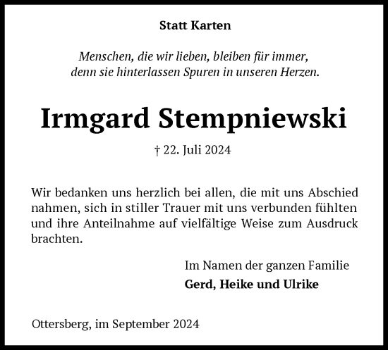 Traueranzeige von Irmgard Stempniewski von SYK