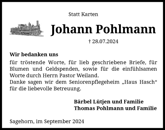 Traueranzeige von Johann Pohlmann von SYK