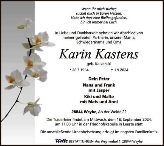 Traueranzeige von Karin Kastens von SYK