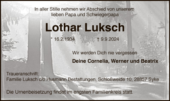 Traueranzeige von Lothar Luksch