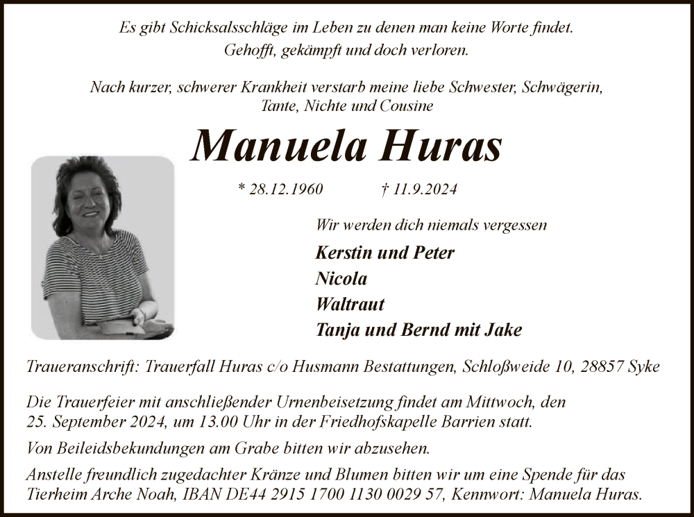  Traueranzeige für Manuela Huras vom 18.09.2024 aus SYK