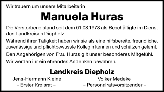 Traueranzeige von Manuela Huras von SYKSYK