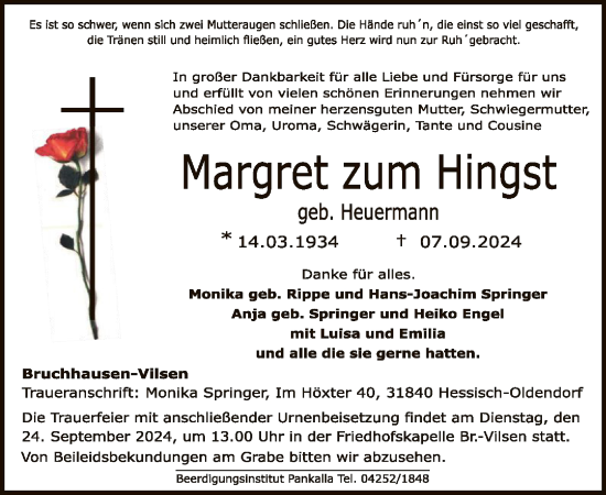 Traueranzeige von Margret zum Hingst von SYK