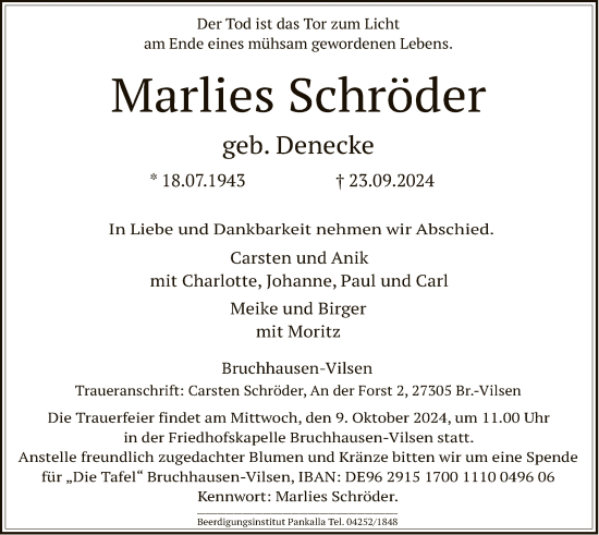 Traueranzeige von Marlies Schröder von SYK