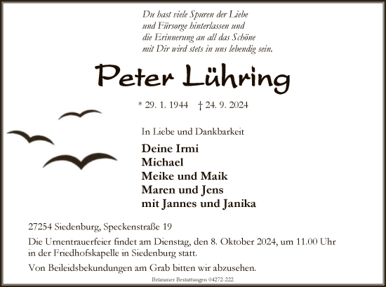 Traueranzeige von Peter Lühring von SYKSYK