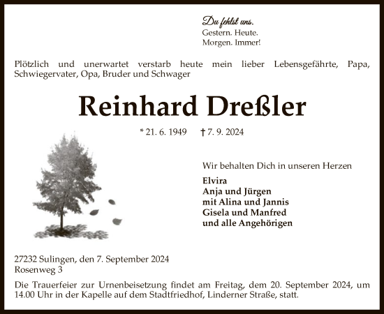 Traueranzeige von Reinhard Dreßler von SYK