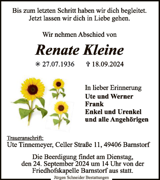 Traueranzeige von Renate Kleine von SYK