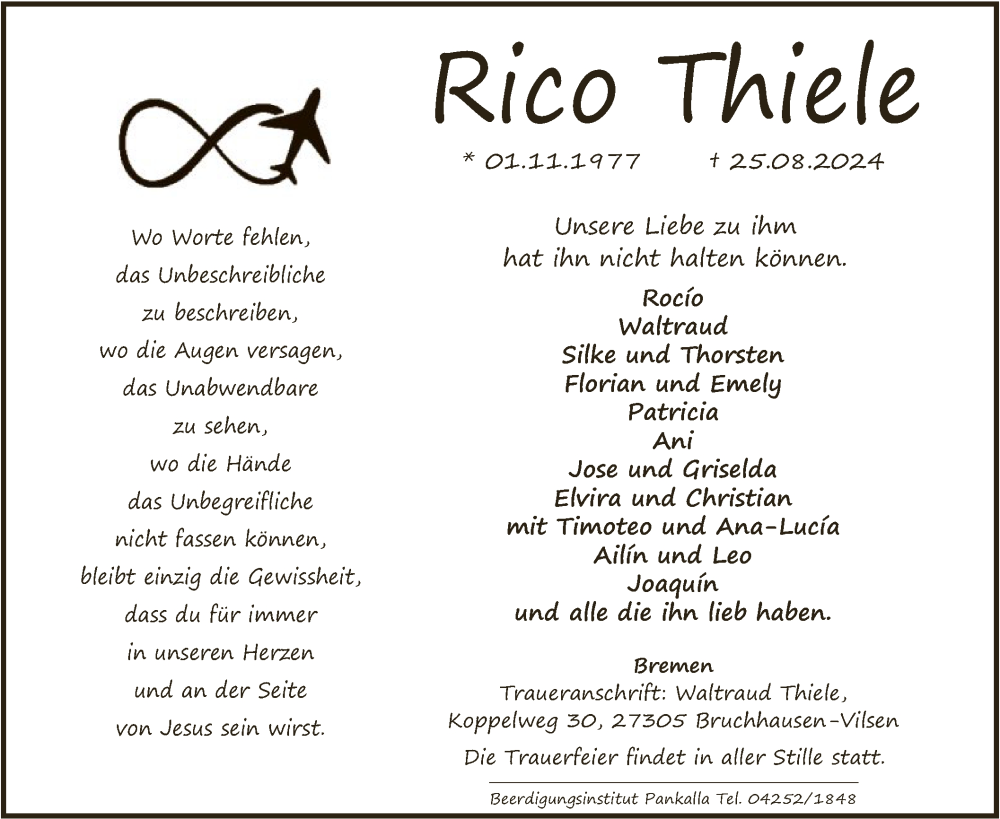  Traueranzeige für Rico Thiele vom 07.09.2024 aus SYK