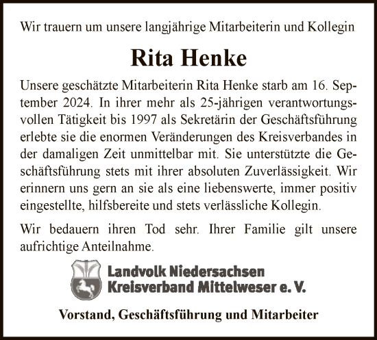 Traueranzeige von Rita Henke von SYK