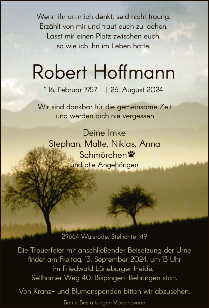  Traueranzeige für Robert Hoffmann vom 07.09.2024 aus SYK