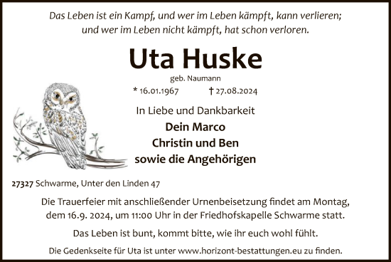 Traueranzeige von Uta Huske von SYK