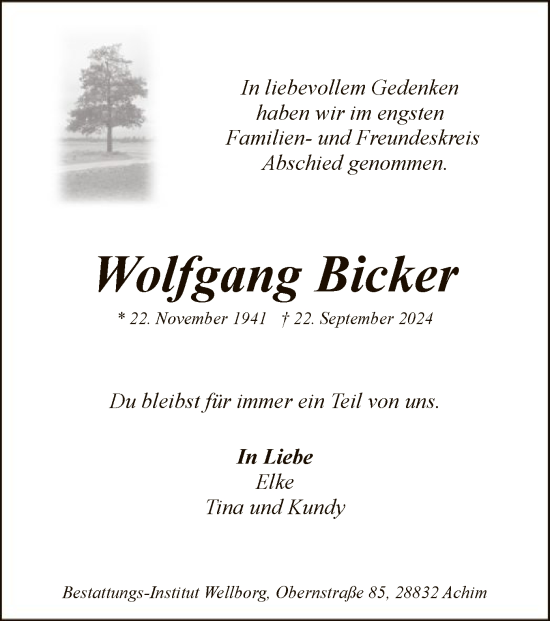 Traueranzeige von Wolfgang Bicker von SYK