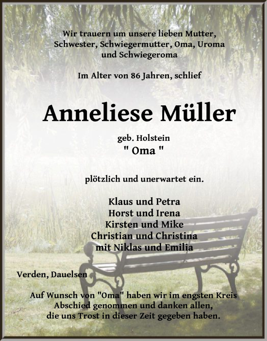 Traueranzeige von Anneliese Müller von SYK